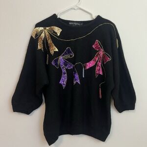 Vintage Sweater Womens L Sequins Glam Bows Balloon Sleeves Black Pink Bling